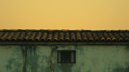 Poster - Weathered Wall with Tiled Roof and Grated Window Under a Golden Sky Capturing Rustic Charm and Architectural Detail in a Minimalist Composition