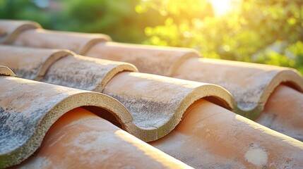 Poster - Warm terracotta roof tiles bathed in sunlight creating a textured pattern with blurred green foliage background in a close up shot