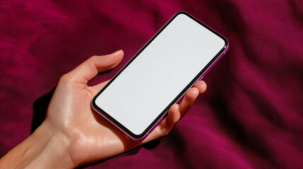 Poster - Smartphone in hand on purple fabric background. Mobile phone with blank screen held in hand. Hand holding smartphone with white display