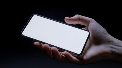 Poster - Smartphone in hand with blank screen for mockup. Hand holding mobile phone with white display in dark background