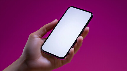 Poster - Smartphone in hand against pink background showcasing mobile technology. Person holds smartphone with blank screen for mockup display demonstrating modern mobile technology