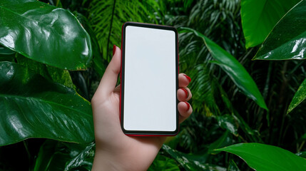 Poster - Smartphone in hand against lush green leaves showcasing mobile technology and nature with blank screen for mockup or app promotion in vibrant natural setting
