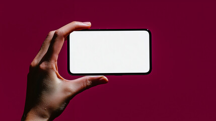 Poster - Smartphone in hand with blank screen for mockup against red background. Hand holding smartphone horizontally with white display for content placement