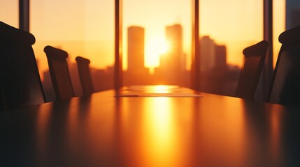 Poster - Conference room at sunset with city skyline view, creating a warm atmosphere for meetings