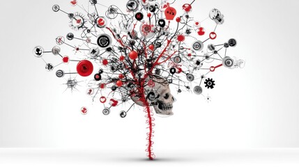 Poster - Abstract skull tree with red and black pixelated icons and symbols exploding outwards on a white background.