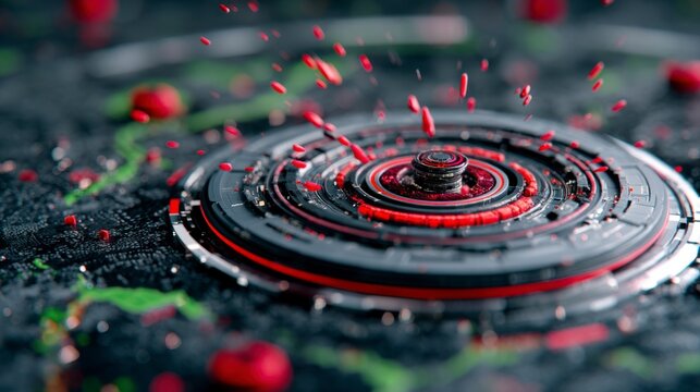 Abstract digital art of red and black concentric circles with liquid droplets splashing, dark background