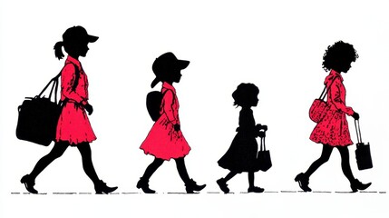 Poster - Silhouette of four girls in red coats walking, carrying bags, minimalist style, white background.
