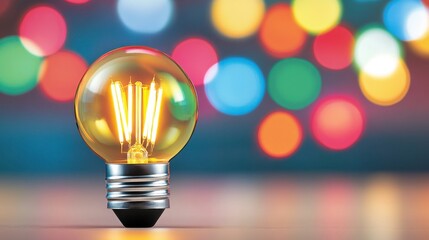 Poster - Glowing light bulb on a table against a bokeh background of colorful lights. Ideas, innovation, and inspiration concept.
