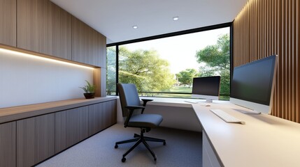 Poster - Modern office interior with a view of greenery, featuring a desk, chair, and computer setup