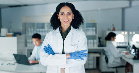Aufkleber - Science, lab and portrait of woman with crossed arms with confidence, pride and happy for medical research. Healthcare, biotechnology and scientist for vaccine, medicine development and discovery