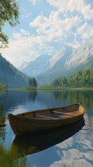 Naklejka na meble Quiet boat moored at a lakeside dock on a peaceful mountain water scene. Vertical.