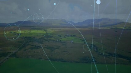 Poster - Data processing animation over landscape with network of connections visualized