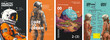 © Molibdenis-Studio - A series of bold and futuristic space exploration posters featuring astronauts, alien landscapes, and cosmic visuals. Promotes adventure, discovery, and technological innovation through striking.