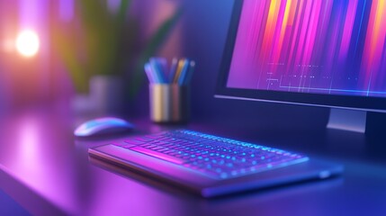 Poster - Vibrant workspace with a glowing keyboard and monitor, showcasing colorful digital graphics