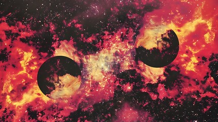Wall Mural - Two celestial orbs amidst a cosmic fiery nebulous universe scene
