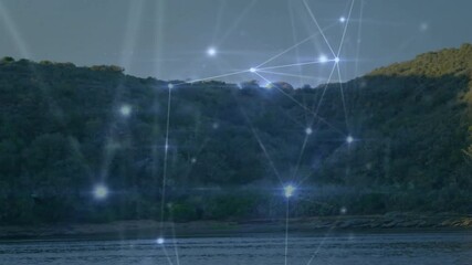Poster - Network of connections and data processing animation over forested landscape