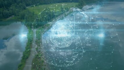 Poster - Digital network and data processing animation over scenic river landscape