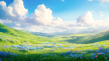 Wall Mural - A beautiful, lush green field with a blue sky and fluffy clouds