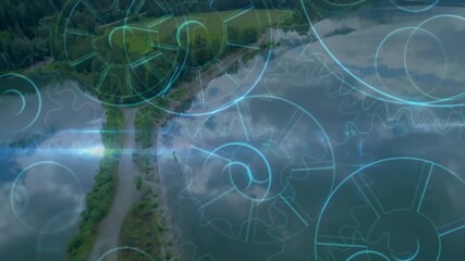 Poster - Animating gears and mechanical designs over serene lakeside landscape scenery