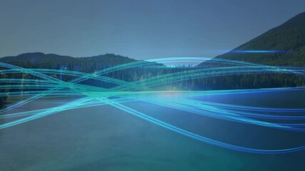 Poster - animation of blue light trails forming network over lake and mountain landscape