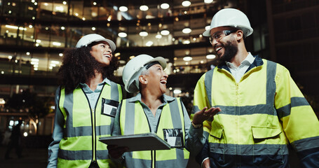 Poster - Construction, teamwork and happy with tablet outdoor for urban expansion, city planning and site inspection at night. Maintenance, group and people with laughing for funny conversation and overtime