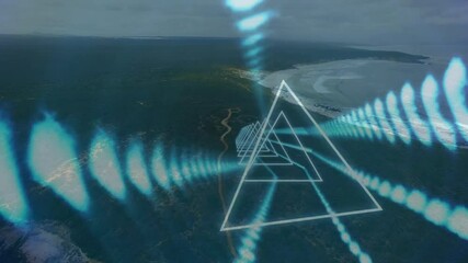 Poster - geometric triangle animation over aerial view of coastline and ocean