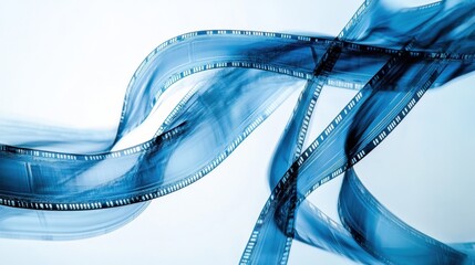 Fototapete - A flowing wave of transparent blue filmstrips with depth and subtle highlights for a dynamic movie-inspired look.