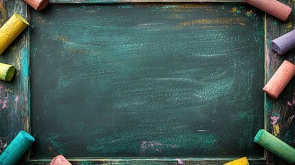 Poster - Colorful chalkboard with space for educational messages and creative inspiration is surrounded by vibrant chalks