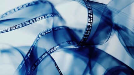 Fototapete - A flowing wave of transparent blue filmstrips with depth and subtle highlights for a dynamic movie-inspired look.
