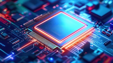 Fototapete - A futuristic circuit board with glowing neon lines.