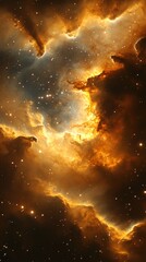 ethereal cosmic cloudscape of golden nebula and celestial stars in deep space astronomy exploration
