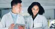 © CC/peopleimages.com - Tablet, collaboration and scientists in laboratory at night for medical research with pharmaceutical discovery. Meeting, technology and science team with online report for healthcare innovation.