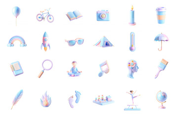 Poster - A vibrant collection of pastel 3D icons, including objects like books, a camera, and various symbols that evoke creativity and fun.