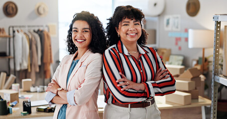 Aufkleber - Business, support and women with partners, portrait and supply chain with shipping, fashion company or teamwork. Face, collaboration for startup or people with manufacturing, clothes or arms crossed