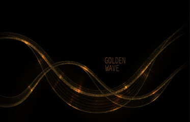 Wall Mural - Isolated design element, wavy illustration of golden color with sparkling tinsel on black background.