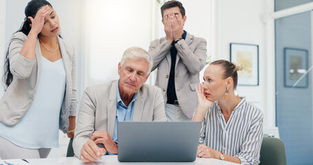 Aufkleber - Fail, laptop or team of business people with financial problem, investment loss or economy crisis. Computer, sad group or disappointed in office for stock market crash, mistake or stress for bad news