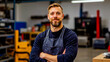 © Madrid - A man in an apron standing in a workshop with his arms crossed