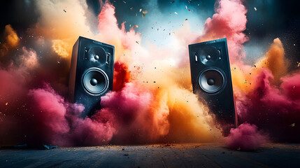 Poster - Abstract concept of powerful audio speakers blast out a cloud of color powder