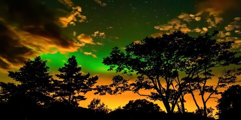 a beautiful night sky with a green aurora and trees silhouetted against the sky