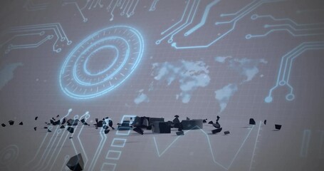 Poster - Animation of digital world map with circuit patterns over 3D blocks and particles