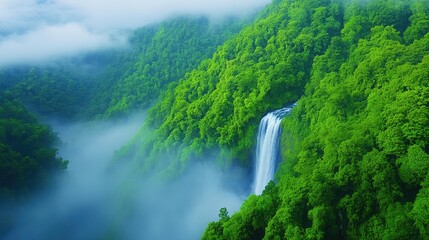 Wall Mural - a stunning waterfall cascades through lush green forests, enveloped in mist, showcasing the beauty o