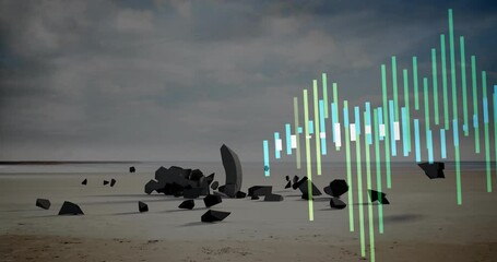 Poster - Colorful vertical bars animation over rocky beach landscape under cloudy sky