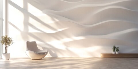 Wall Mural - a peaceful interior space with a modern design. soft shadows play on the wavy white wall. a stylish 