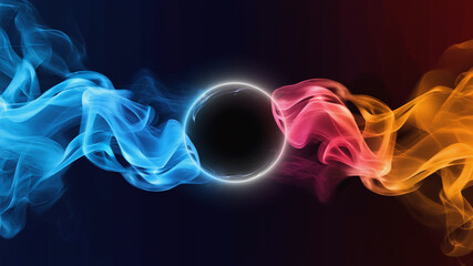 Poster - Abstract design featuring blue smoke on left and orange smoke on right, center circle