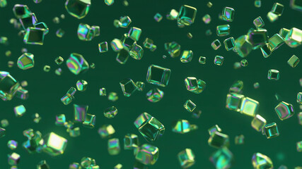 Poster - Abstract floating cubes in varied sizes, with rainbow sheen on a deep green background