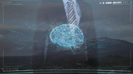 Poster - Digital brain animation over businessperson in suit with landscape background