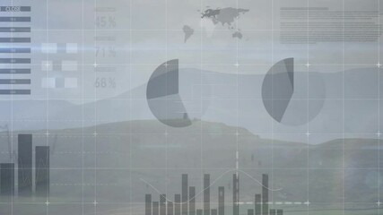 Poster - animation of data charts and graphs overlaying misty landscape with world map
