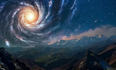 Wall Mural - cosmic landscape with a spiral galaxy and shooting stars