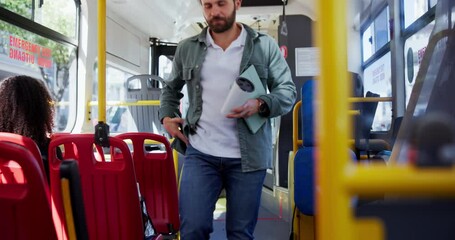 Poster - Travel, man and smartphone ticket on bus for morning commute, corporate trip or digital purchase. Professional, person and enter public transport with virtual payment, work journey or easy tap system