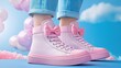 © S.W. - Stylish pink sneakers with bows, set against a vibrant blue background with whimsical clouds and pastel balloons.